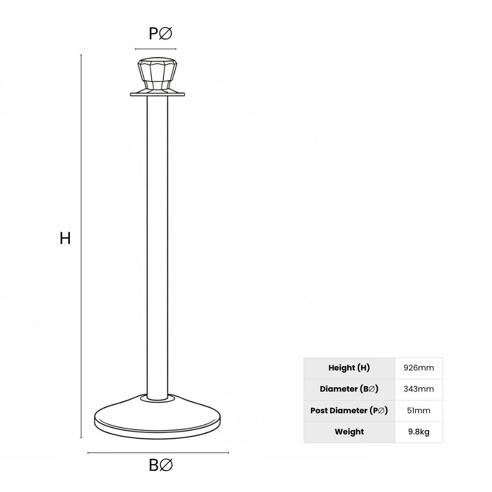 Technical diagram of chrome stanchion showing height, base diameter, post diameter, and weight for layout planning and accessibility compliance.