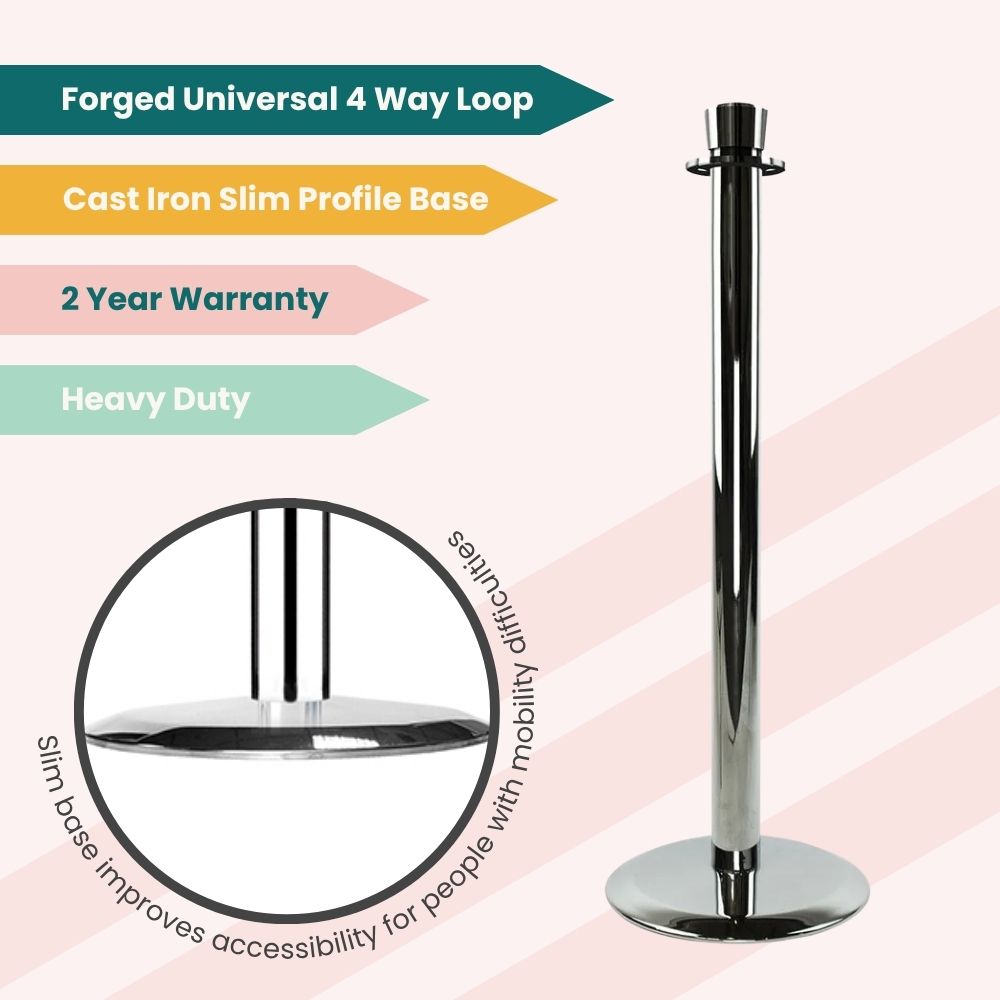 Chrome stanchion with slim-profile cast iron base, forged 4-way loop, and 2-year warranty for accessible crowd control in public spaces.