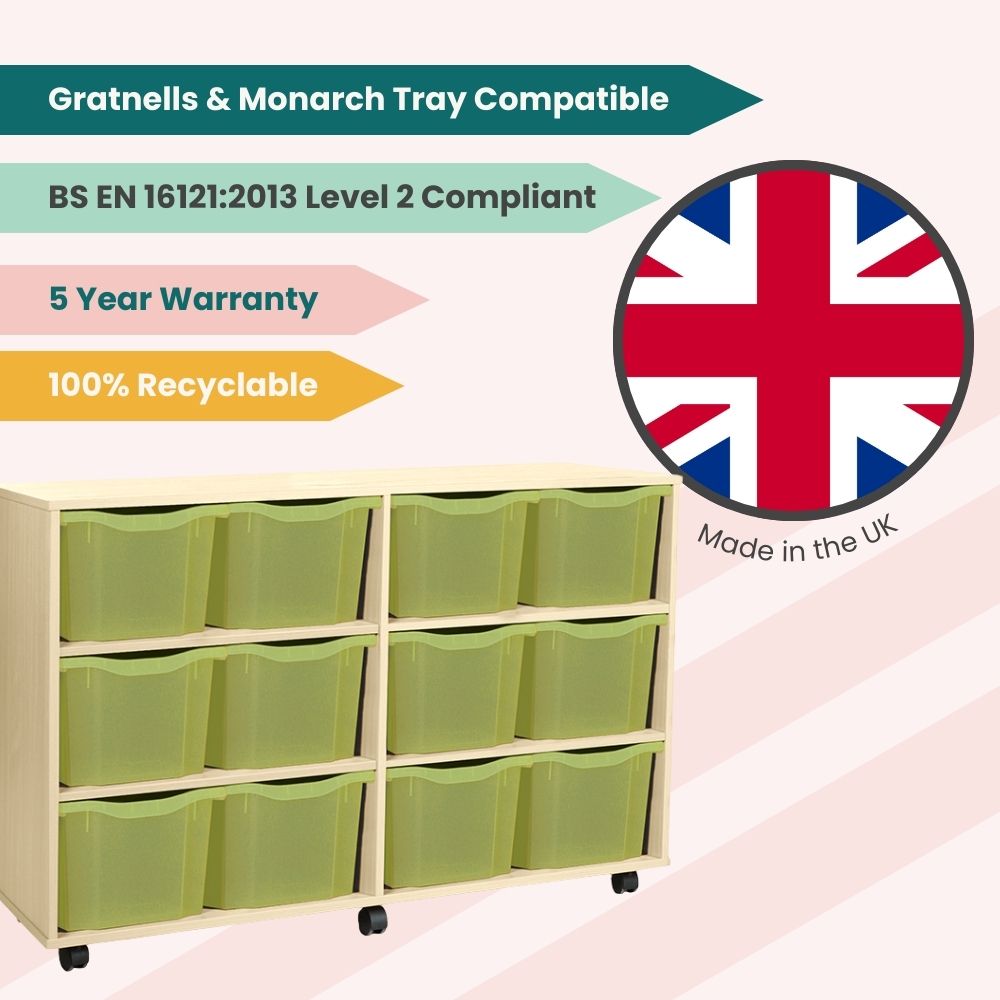 Educational tray unit with citron yellow tinted trays and a light wood frame, displayed alongside UK-made badge, BS EN compliance, tray compatibility, recyclability, and five-year warranty icons.