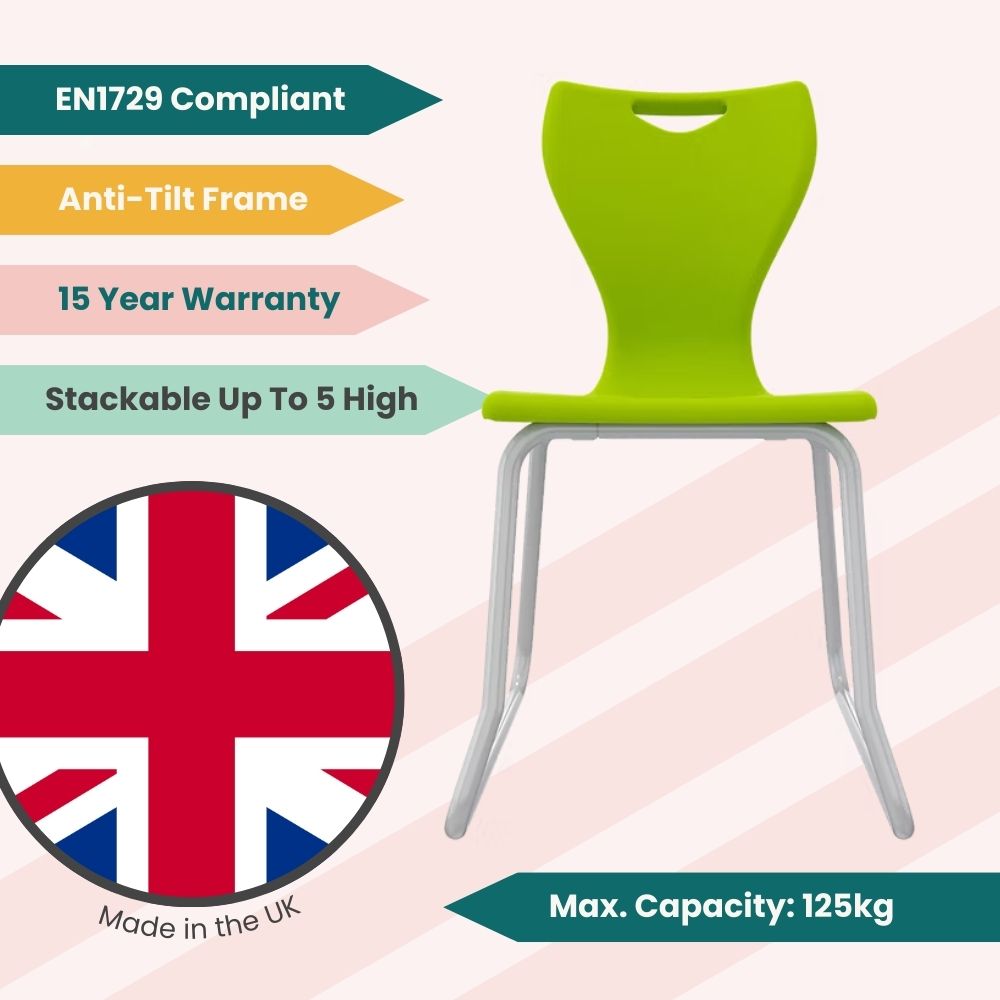 Size 6 citrus-toned classroom seating with a safety-first anti-rocking skid frame and a high-impact polypropylene shell designed for secondary education environments.