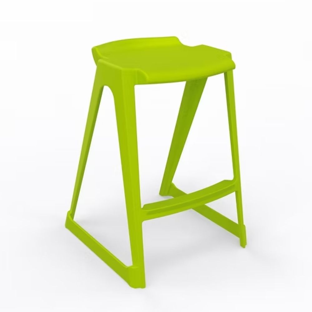 A vibrant citrus-pigmented polymer low back stool with a 610mm seat height, featuring an integrated anti-sway framework and a contoured lumbar ridge for modern school laboratories.
