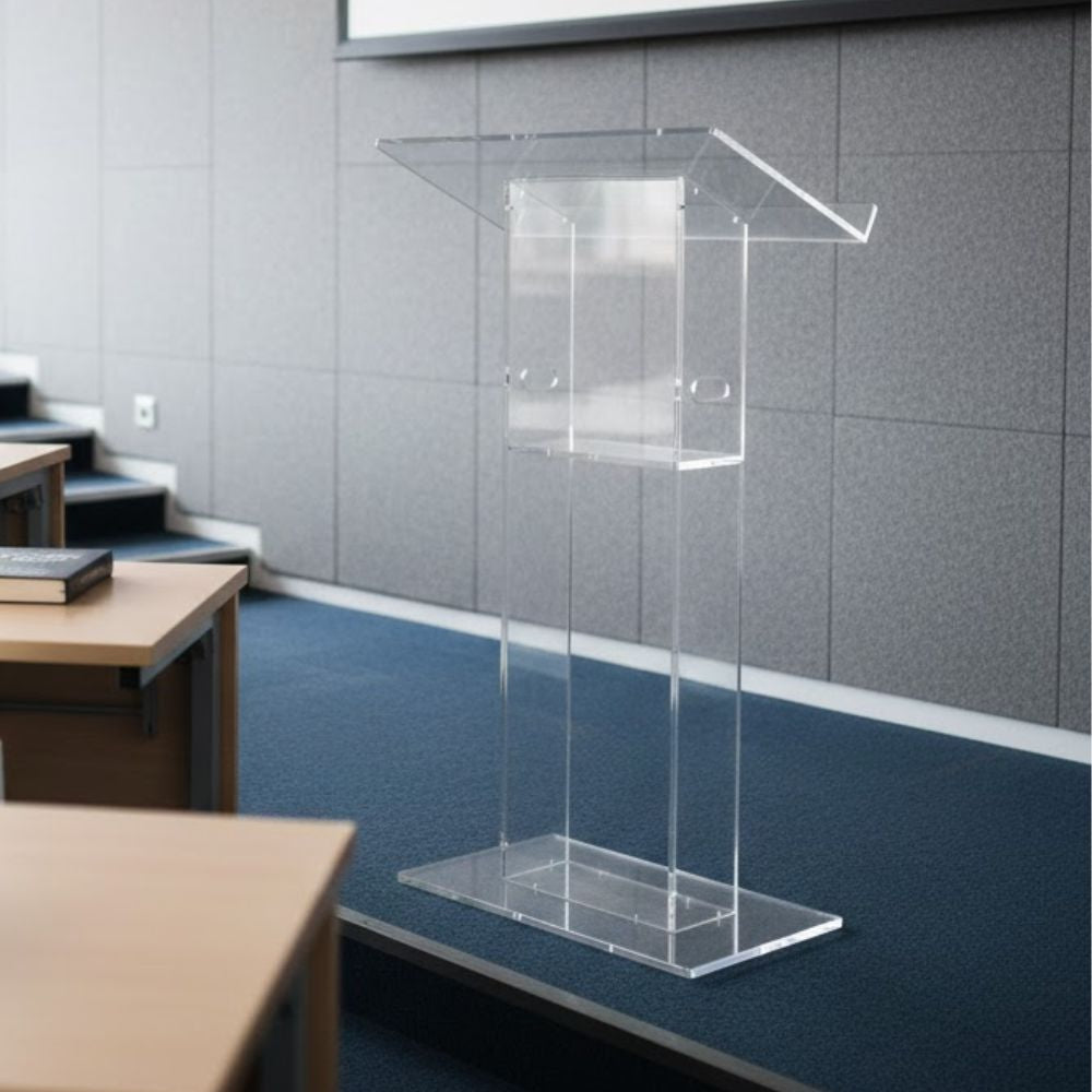 clear-acrylic-lectern-standing-in-a-modern-conference-room-with-blue-carpet-and-grey-acoustic-wall-panels