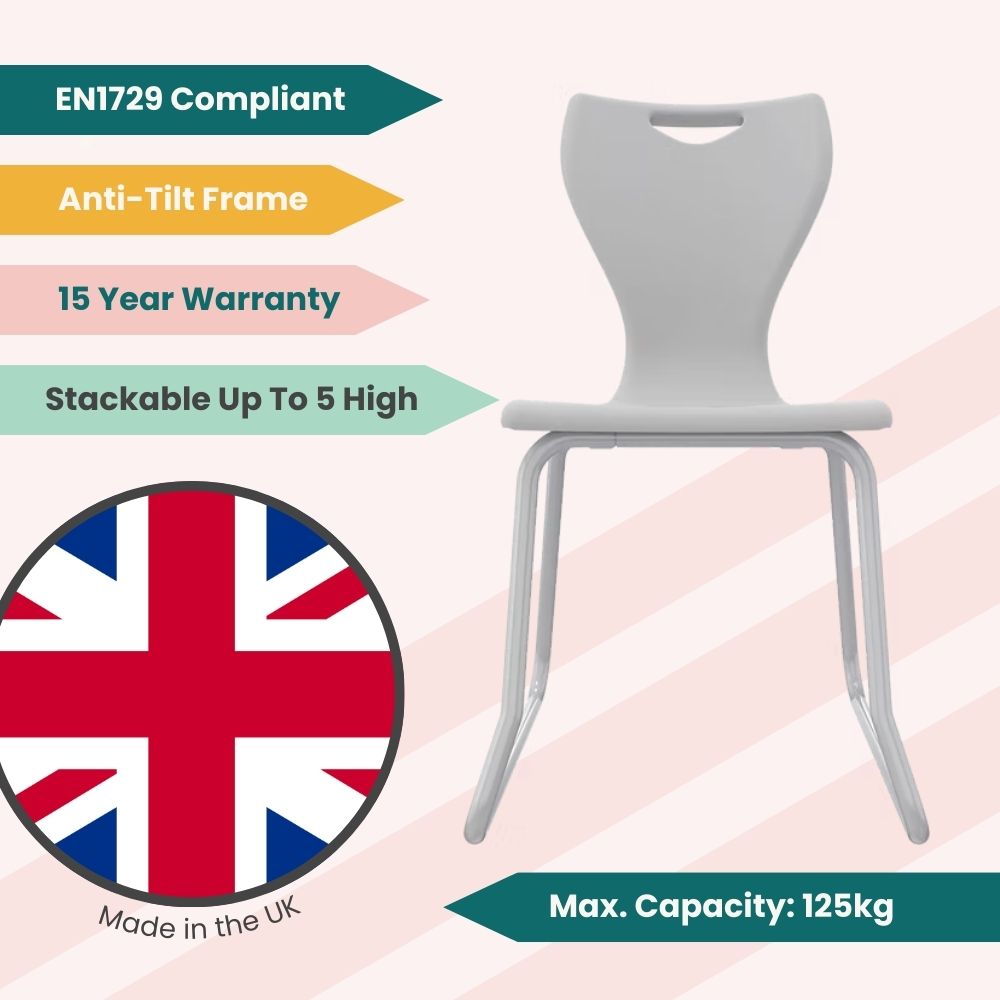 Cloud-grey Size 6 educational chair with structural steel runners and a protective powder-coat finish, designed for high-end university and college settings.