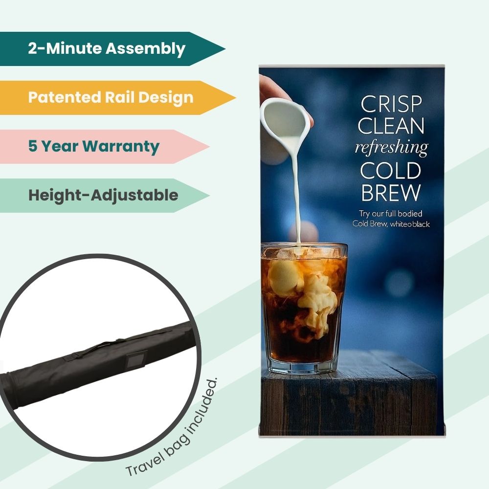 Cold brew coffee banner stand with swirling cream visual and travel bag for promotional use.