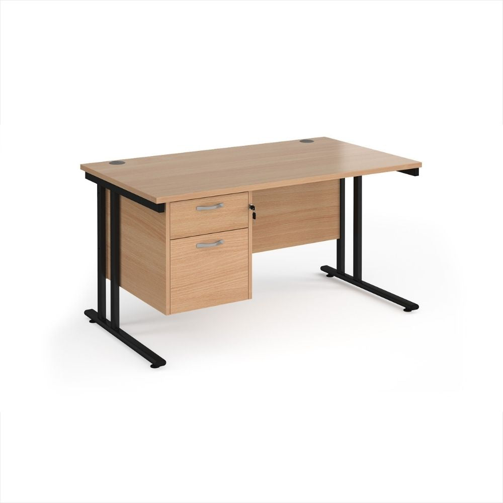 Commercial office desk with smooth wood finish surface, built in cable grommets and compact drawer unit for organised daily working