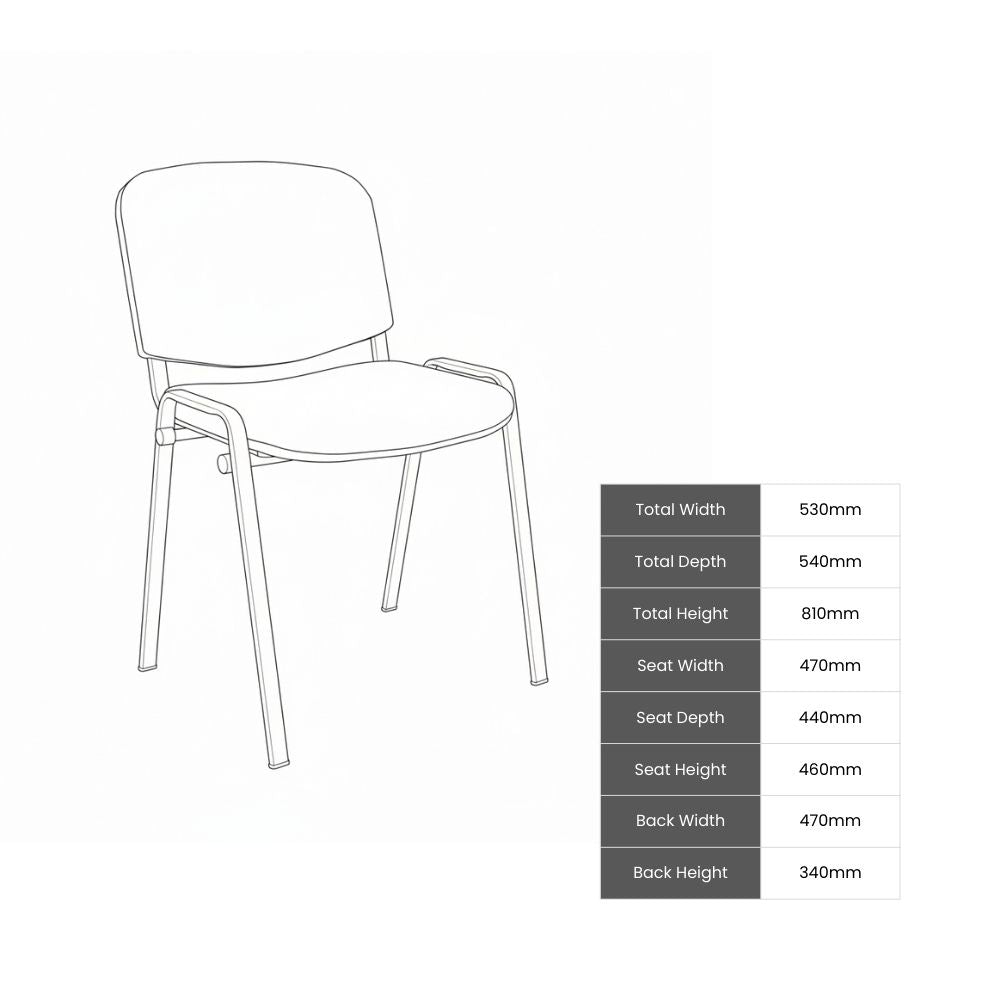 Black stackable chair with powder-coated steel frame, plastic feet for floor protection, and compliance with BS EN 16139. Stackable up to six high with 2-year warranty, ideal for contract-grade seating.