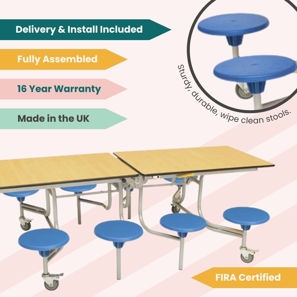 Feature graphic of compact folding table with eight blue stools and tags for UK origin, full assembly, and long-term warranty.