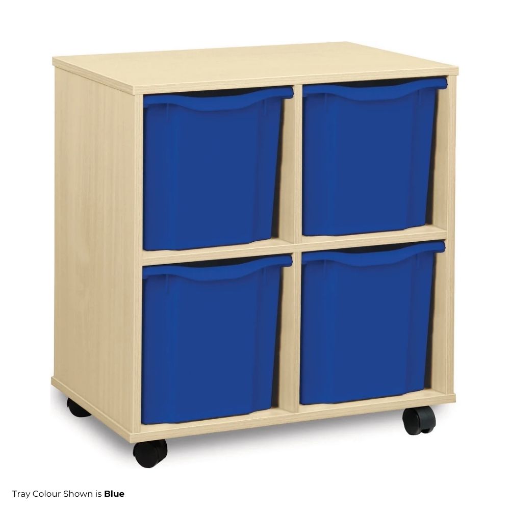 Small mobile light wood storage unit featuring four large blue quad trays in a 2x2 layout, perfect for storing educational supplies or office materials.
