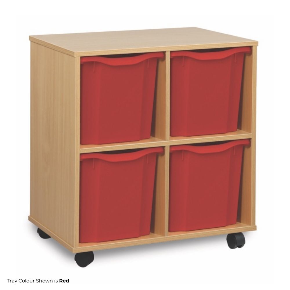 Small wooden storage unit on castors featuring four large red quad trays arranged in a 2x2 layout, ideal for classrooms, nurseries, or office storage.