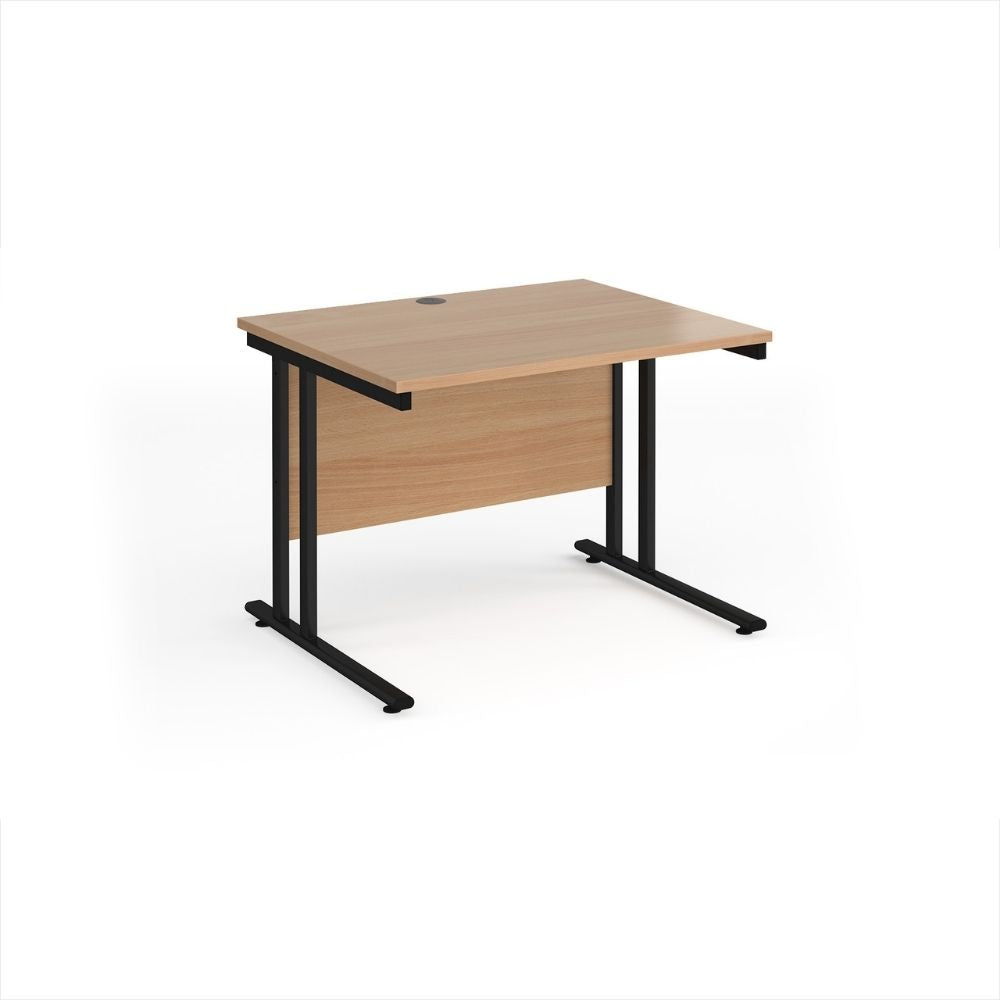 Compact office desk with light wood effect worktop, rear modesty panel, single cable port and black metal leg frame suited to small offices and study spaces