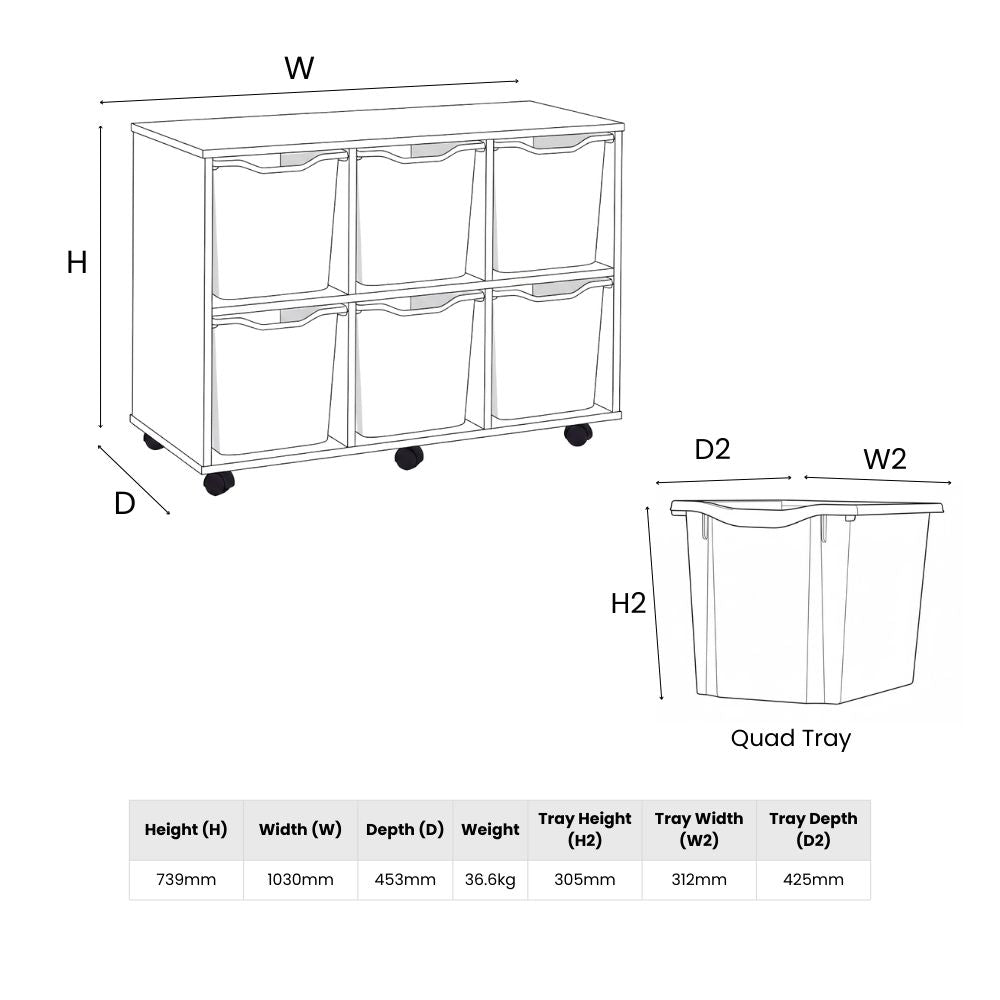 Technical drawing showing measurements for a six-tray school storage unit with quad trays, including height, width, depth, tray dimensions, and unit weight.
