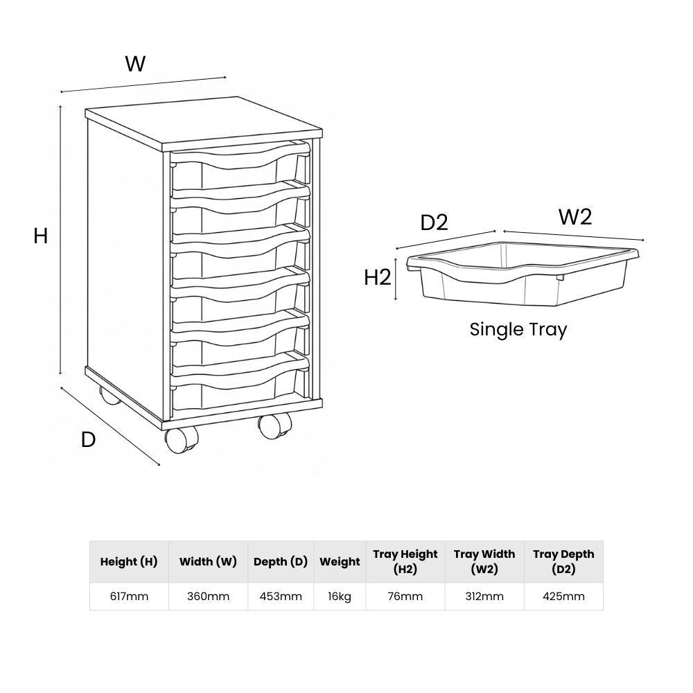 Line drawing of a small school tray unit showing detailed dimensions and specifications, including tray height, width, depth, unit weight, and full layout of six tray slots.