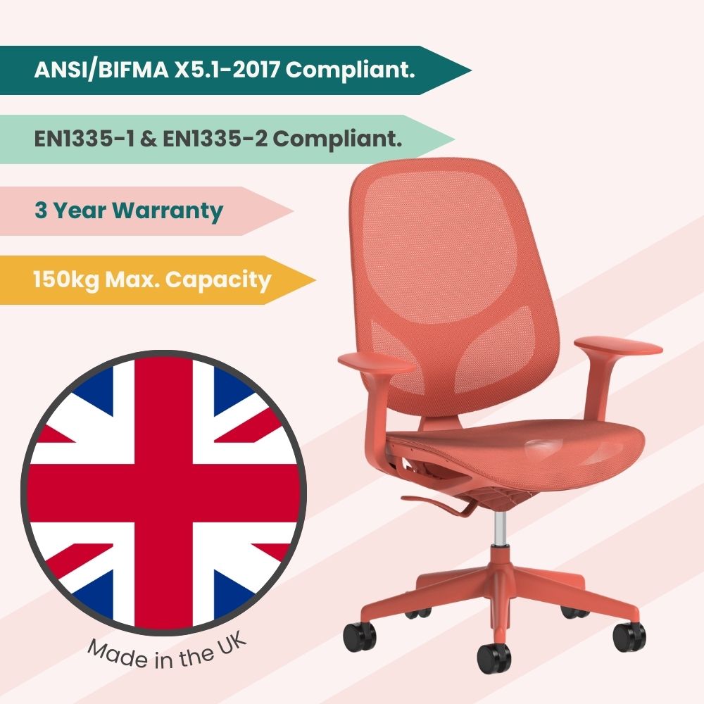 Coral mesh ergonomic office chair with breathable backrest, adjustable armrests and five star swivel base with castors, made in the UK and compliant with ANSI BIFMA and EN1335 standards, supporting up to 150kg with a three year warranty.