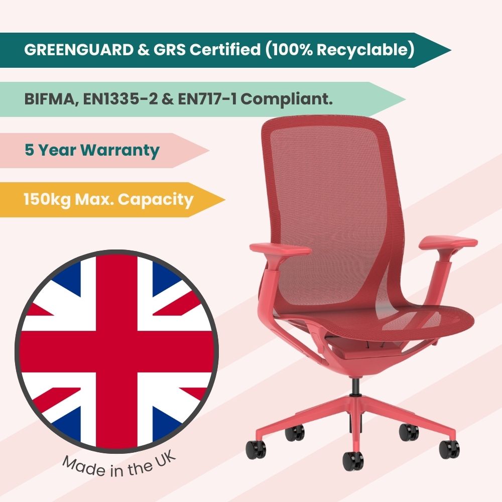 Coral red mesh ergonomic office chair made in the UK, featuring adjustable armrests, 150kg maximum capacity, five year warranty and EN1335 compliant design for professional office use.