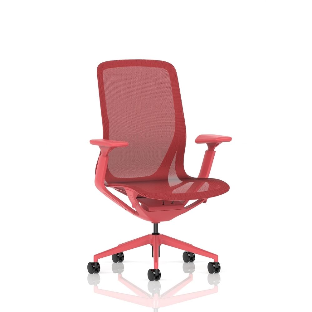 Coral red ergonomic office chair with breathable mesh backrest, matching adjustable armrests and five star swivel base with castors, ideal for contemporary office environments.