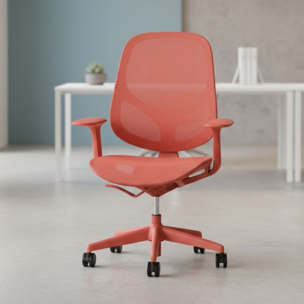 Coral mesh ergonomic office chair with breathable backrest, curved seat, adjustable armrests and five star swivel base with castors, styled in a modern office interior.