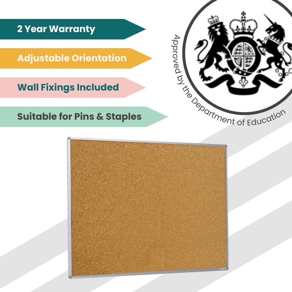 Cork bulletin board with silver frame, featuring adjustable orientation, pin and staple compatibility, and Department of Education approval.