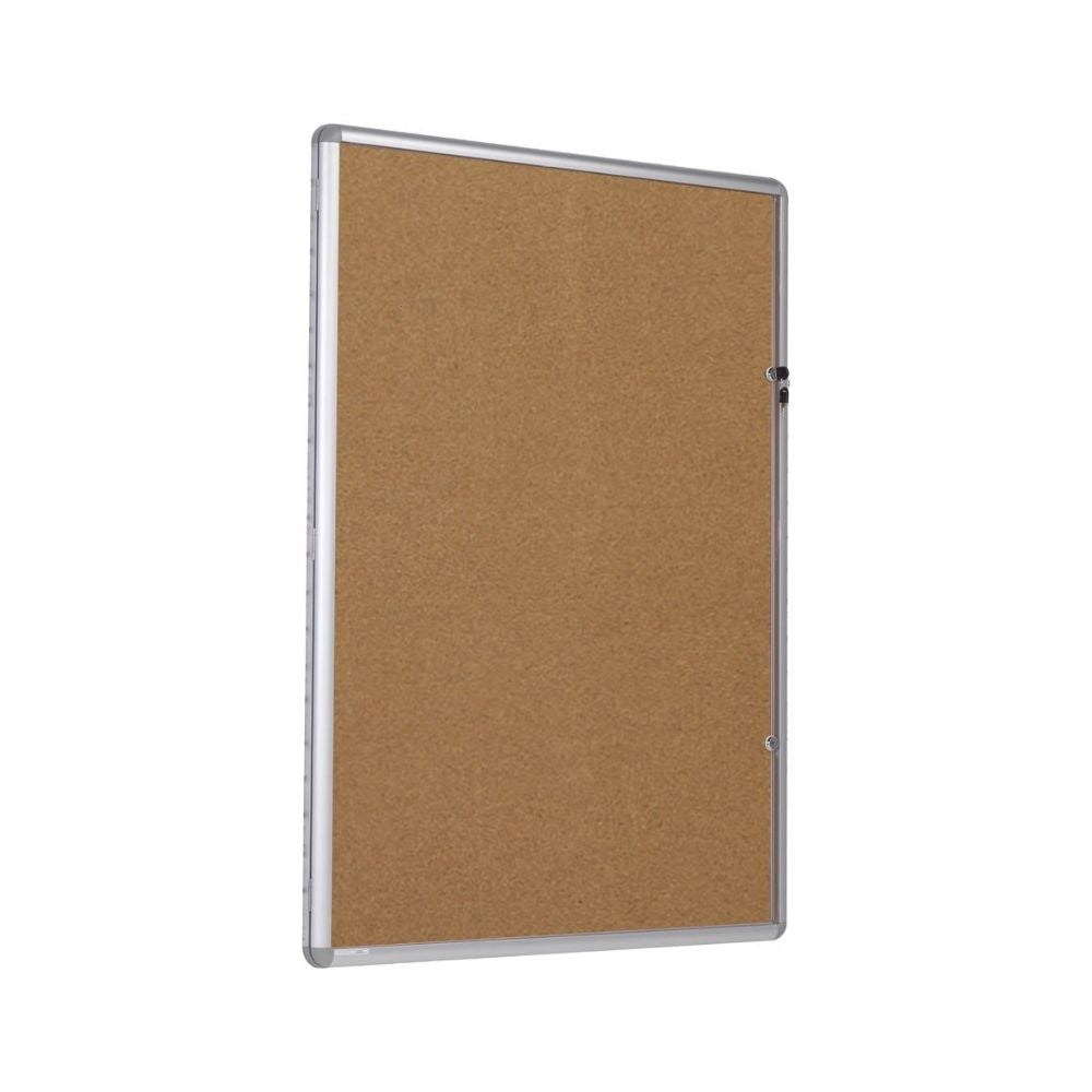 Lockable cork display case with silver frame and clear cover, ideal for secure public notices.
