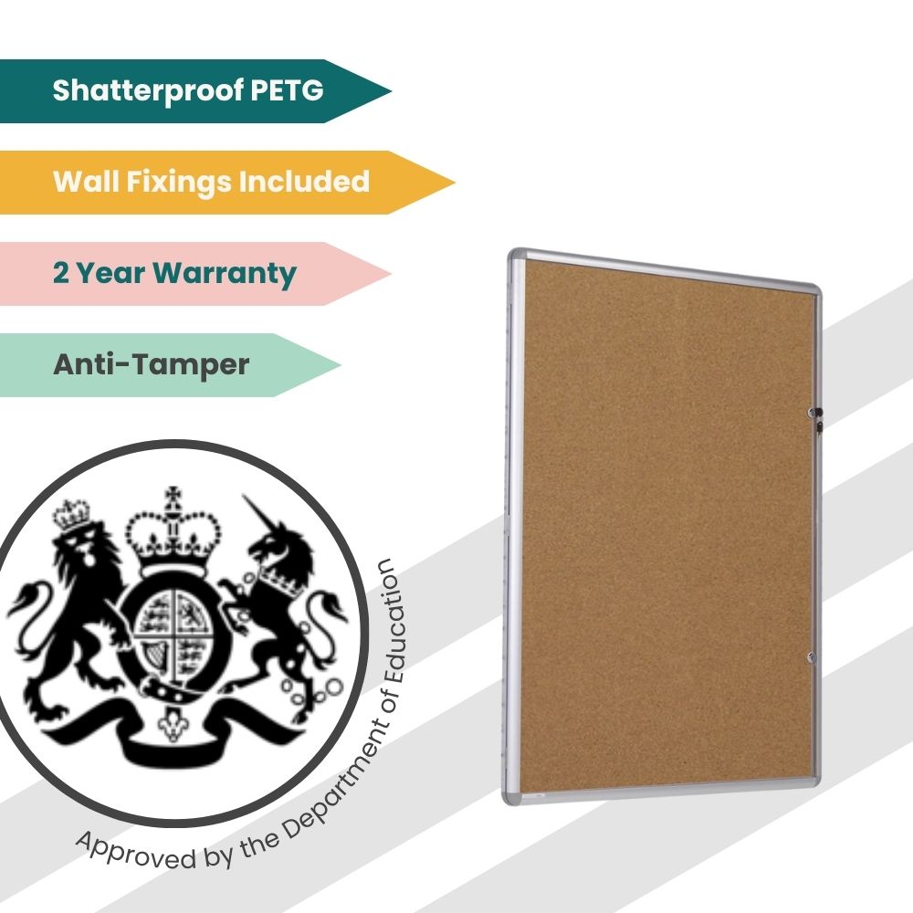 Cork noticeboard with PETG cover and wall fixings, approved for secure educational use.
