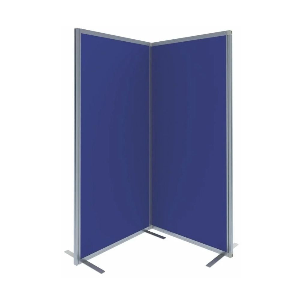 Two-panel blue board with angled layout and metal feet, designed for compact display in shared spaces.
