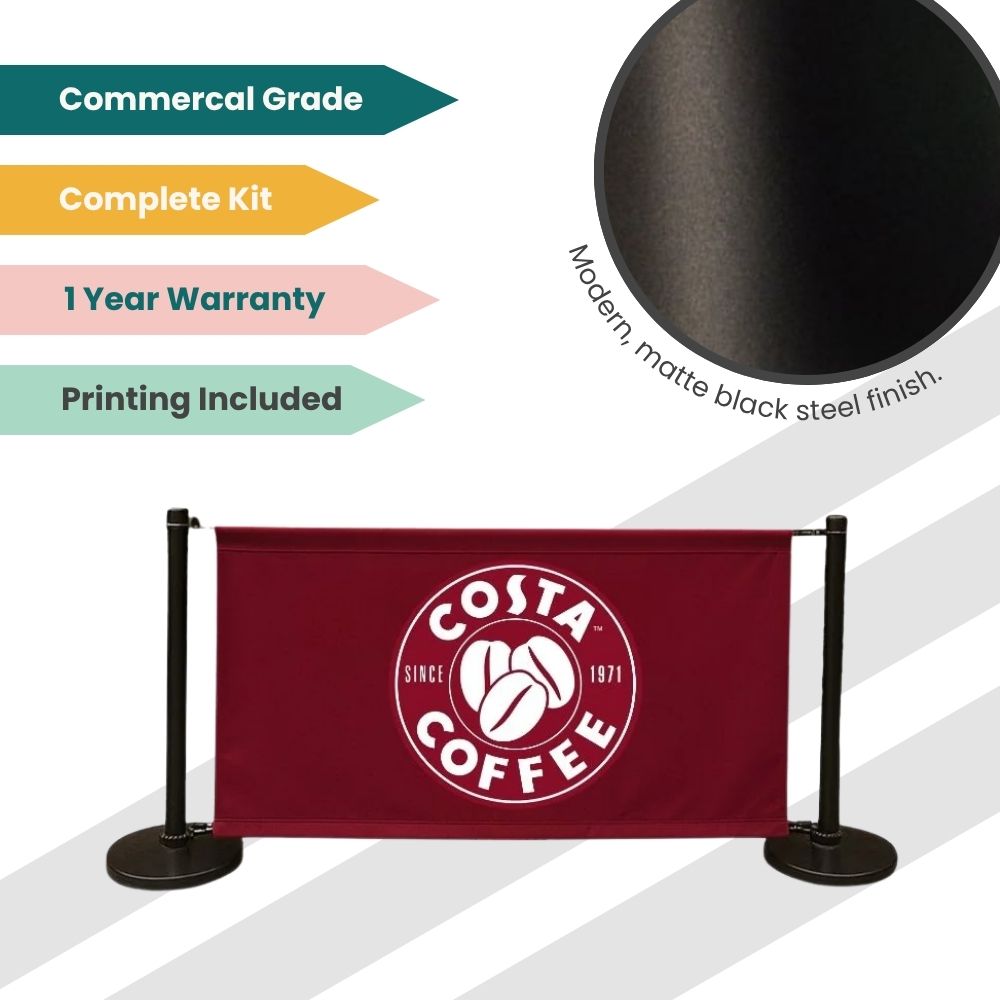 Costa Coffee branded barrier with maroon banner and matte black stanchions, featuring logo, coffee beans, and promotional product features.