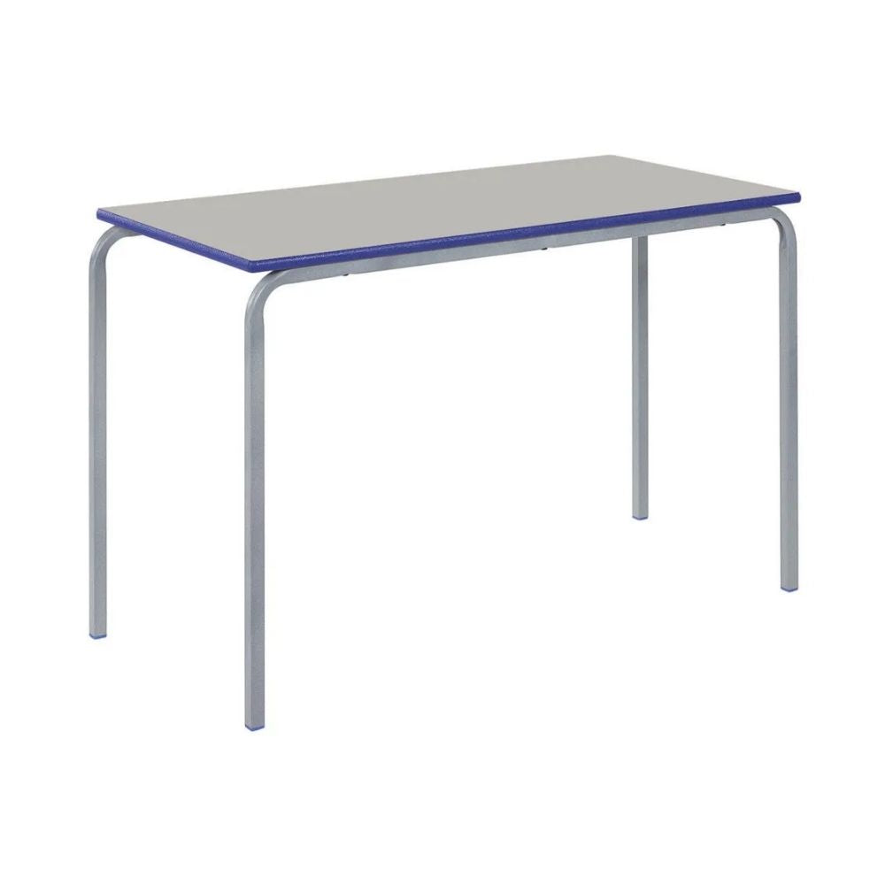
Rectangular table with blue edge trim, light top, and crushed bent silver legs, ideal for classroom or study use.
