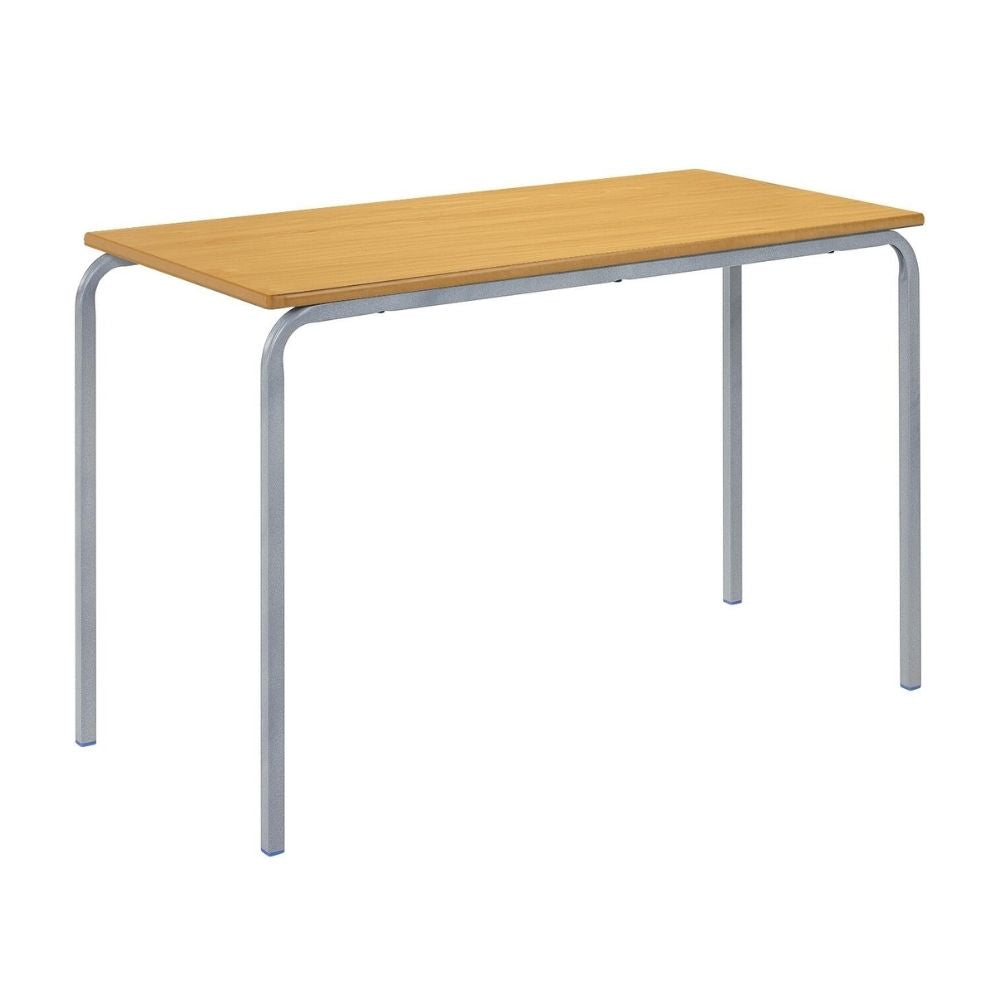 
Rectangular table with light wood top and rounded silver crushed bent legs, designed for educational environments.
