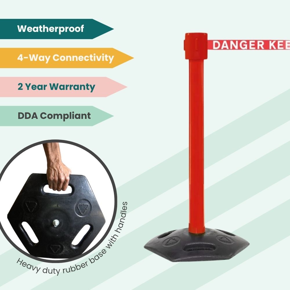 Red stanchion with “DANGER KEEP OUT” belt and rubber base, featuring belt brake and 4-way connectivity for hazardous zones.