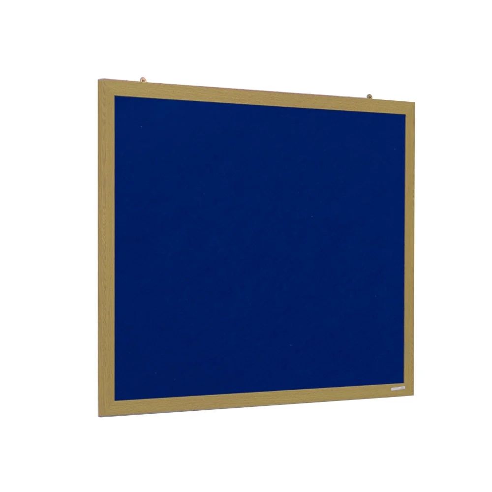 Wall-mounted dark blue bulletin board with light wood frame and clean surface, suitable for posting materials in schools or offices.