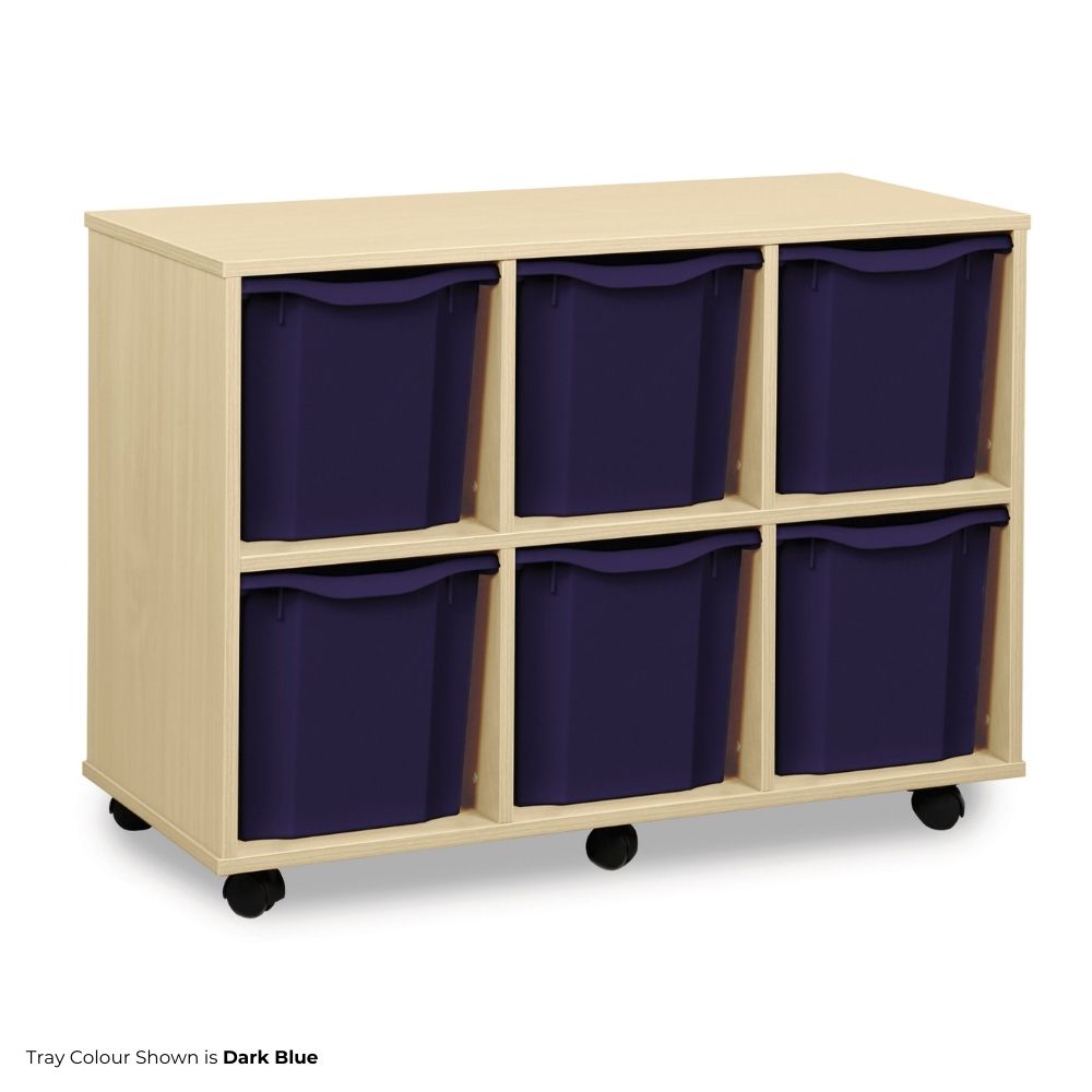 Light wood school storage unit containing six dark blue quad-height trays arranged in two rows, ideal for educational environments and set on castor wheels.
