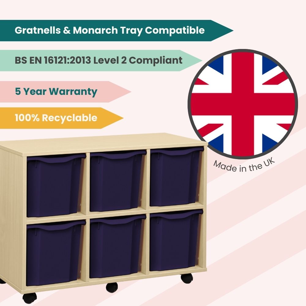 School storage unit with dark blue quad trays, UK-manufactured and fully recyclable, featuring BS EN 16121:2013 compliance and a five-year warranty.