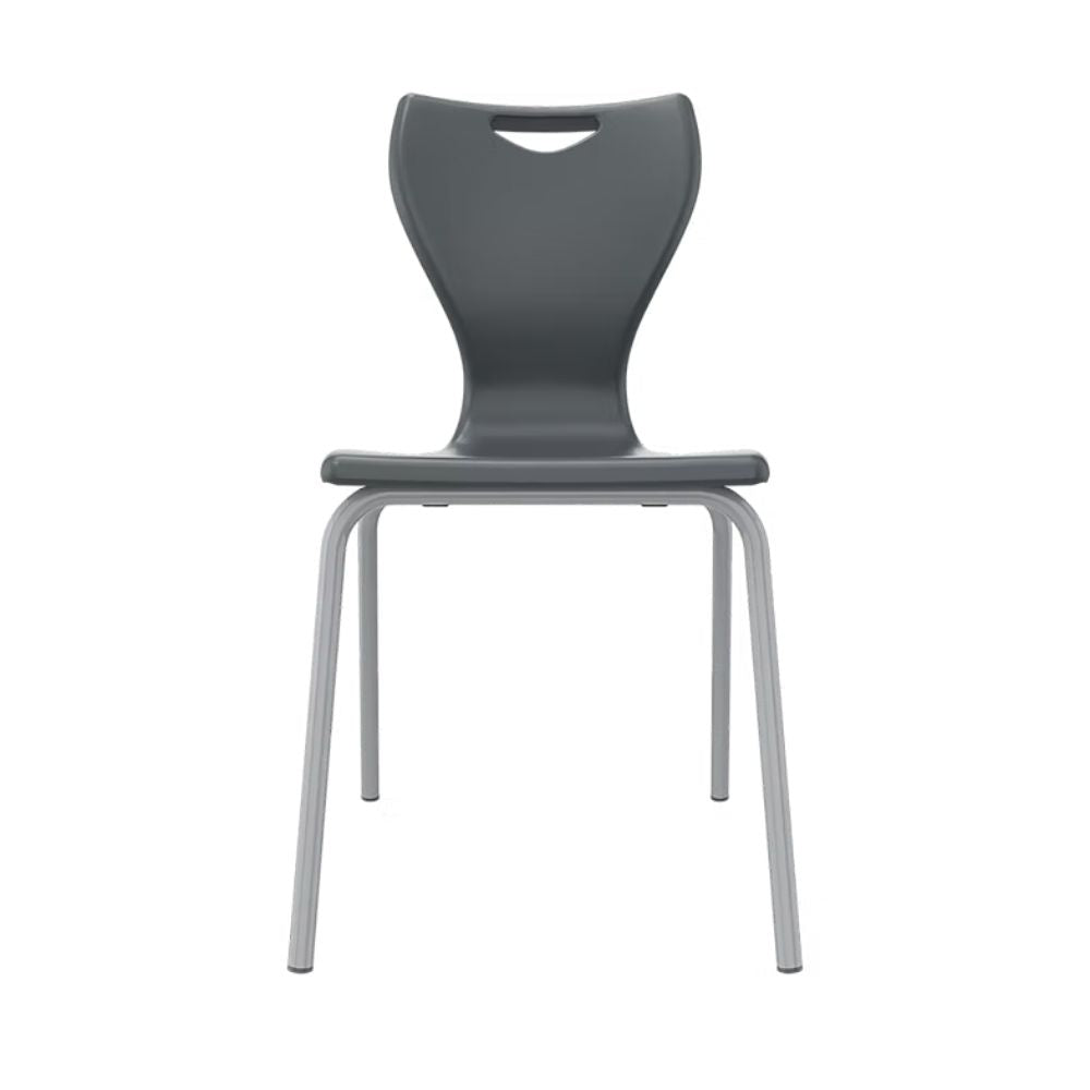 Ergonomically shaped charcoal grey school chair featuring a flame-retardant plastic shell and skid-base legs to protect classroom flooring.