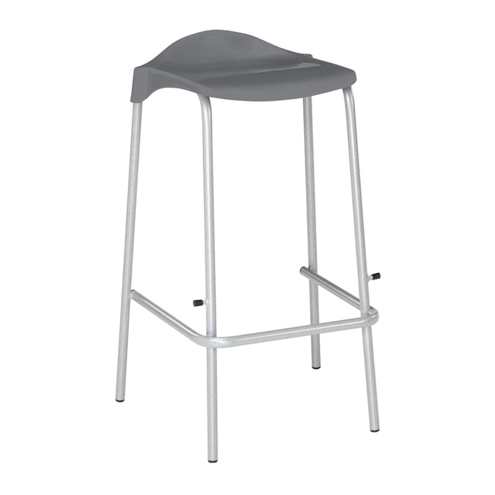 Dark grey bar stool with curved plastic seat, silver legs, and footrest bar, ideal for modern interiors.