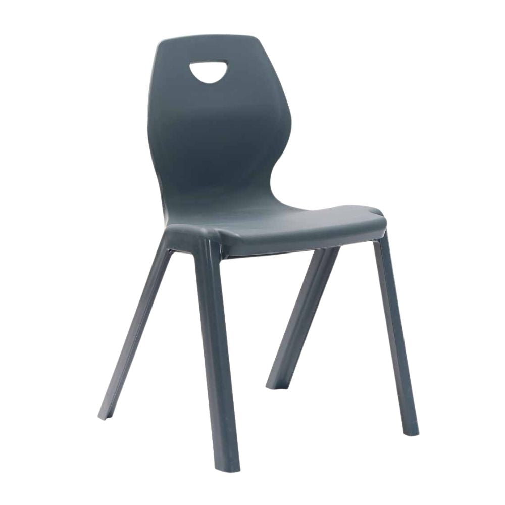 Dark grey plastic chair with teardrop backrest cut-out and angled legs, built for institutional durability.