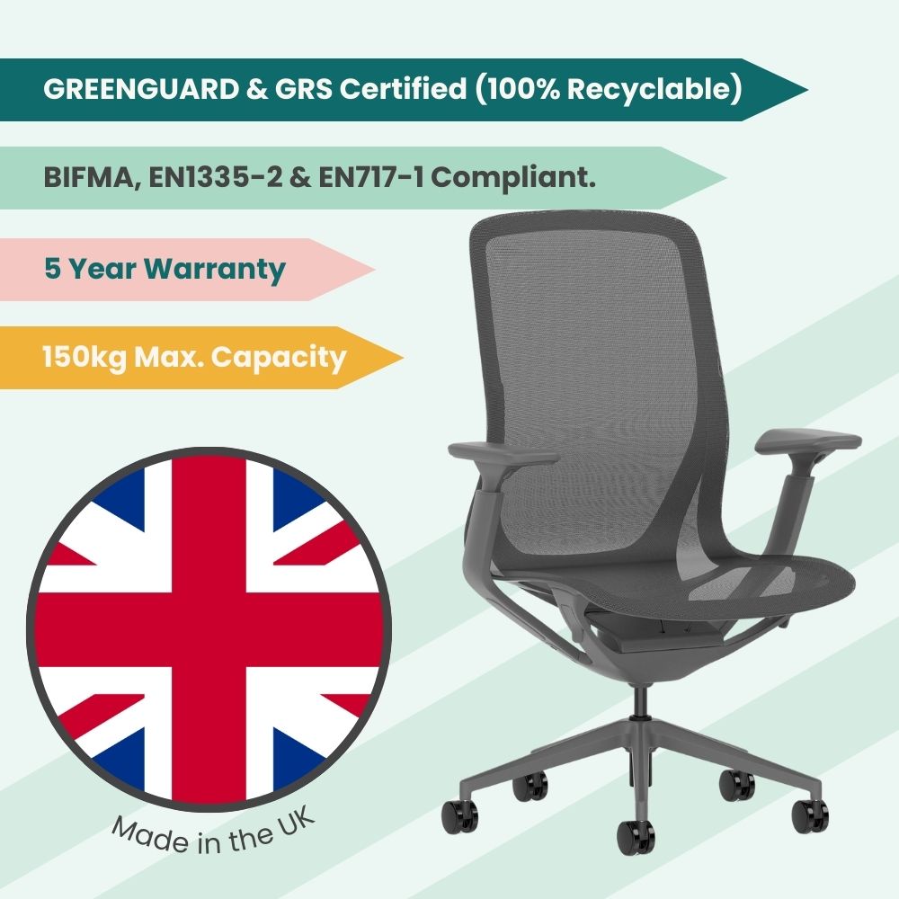 Dark grey mesh ergonomic office chair made in the UK, featuring adjustable armrests, 150kg maximum capacity, five year warranty and EN1335 compliant design for professional office environments.
