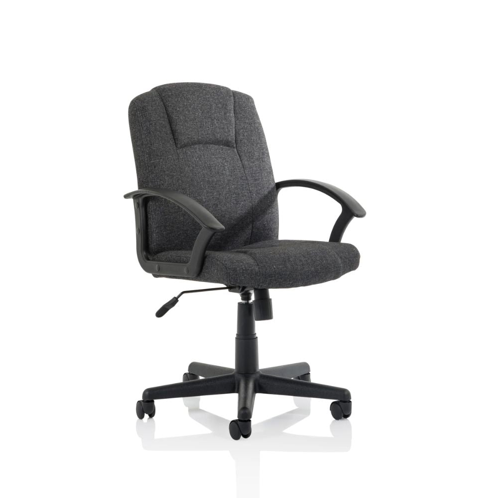 Dark grey fabric executive office chair with high padded backrest, cushioned seat, curved armrests and five-star wheeled base isolated on a white background.
