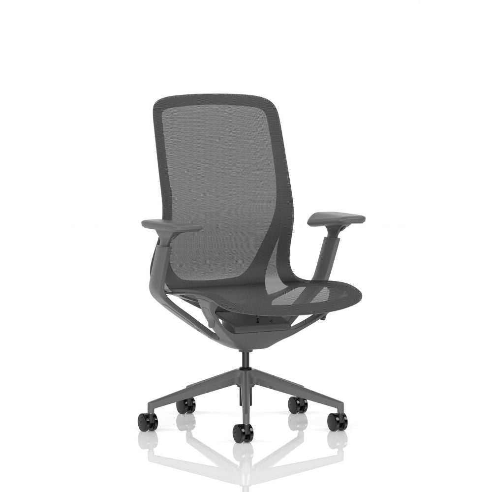 Dark grey ergonomic office chair with breathable mesh backrest, adjustable armrests and five star swivel base with castors, suitable for modern office workstations.