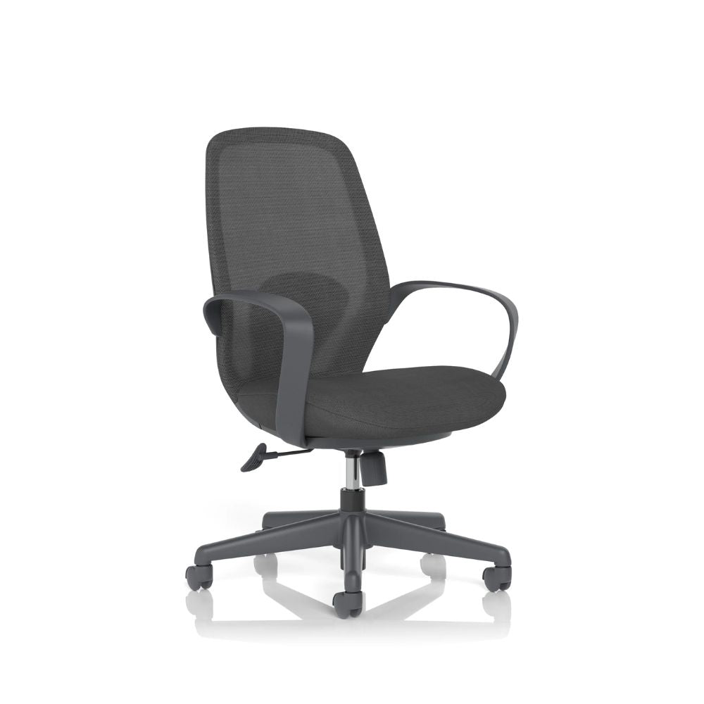 Dark grey mesh office chair with cushioned seat, curved armrests and five-star wheeled base isolated on a white background.
