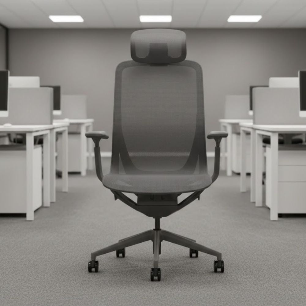 Dark grey ergonomic office chair with mesh back and adjustable headrest, centrally placed in a modern open-plan office with rows of white desks and computers.
