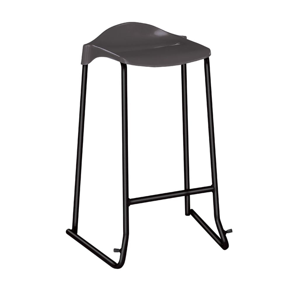 
Dark grey stool with contoured seat and black sled-style frame, designed for institutional and office settings.
