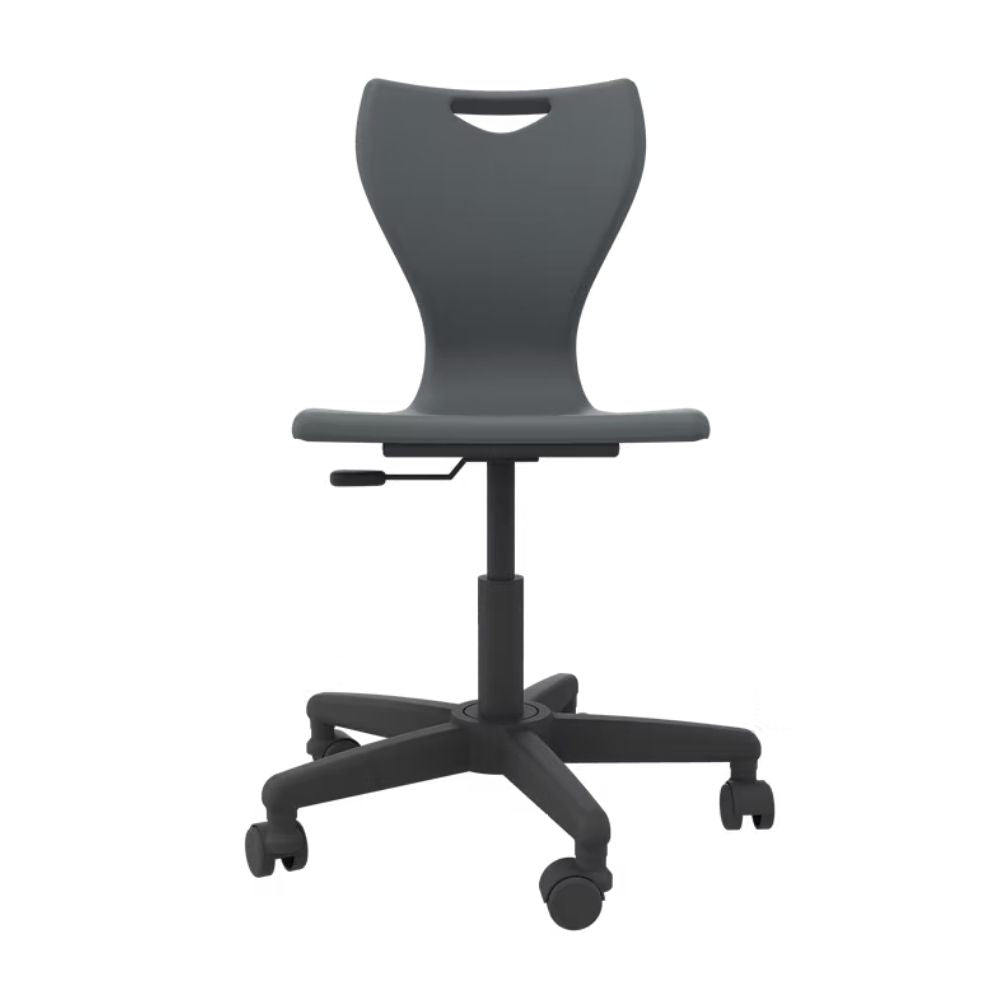 A dark grey student swivel chair featuring a height-adjustable gas lift and a stable five-star base with castors for seamless movement in technical learning labs.