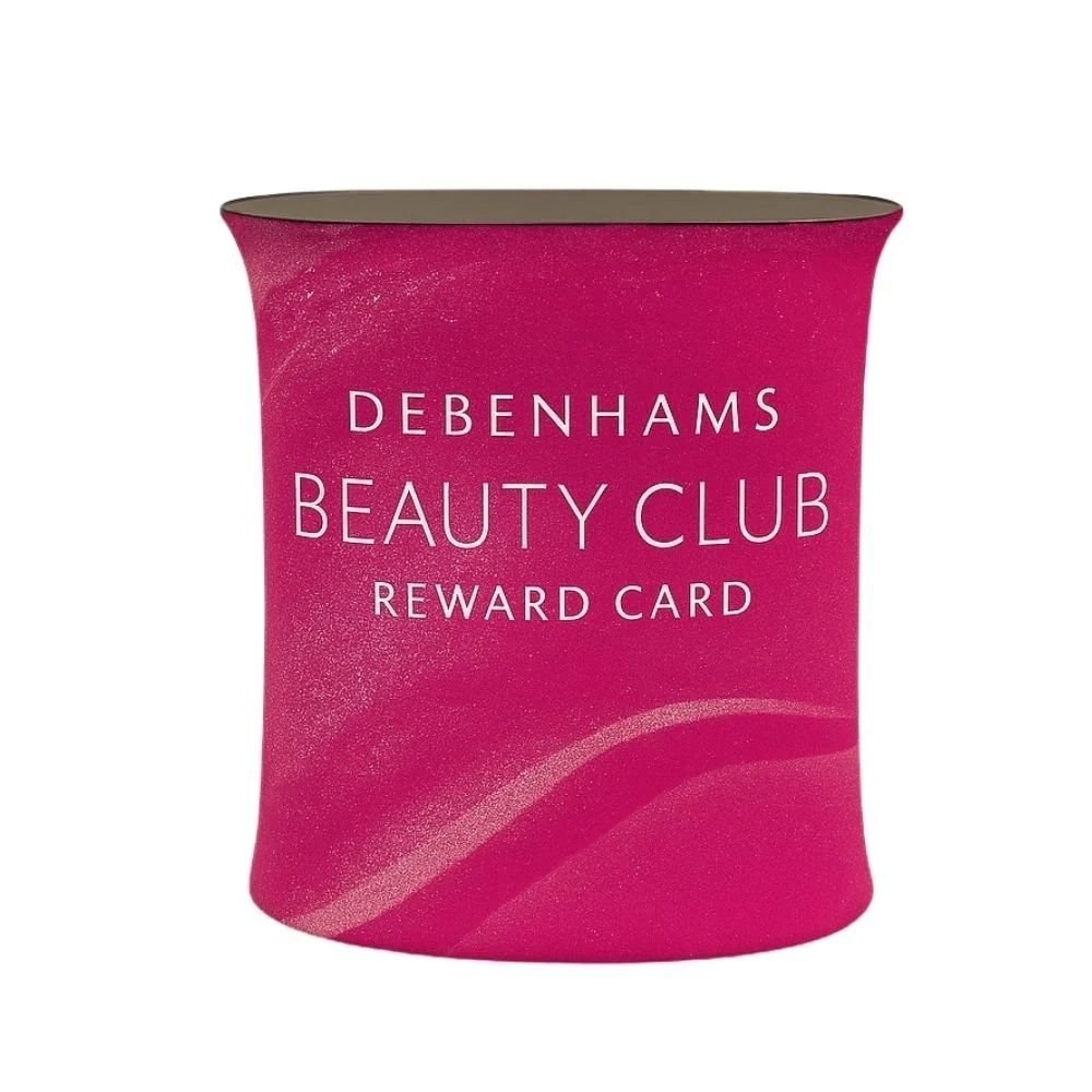 Pink Debenhams counter with Beauty Club branding, designed for retail promotions and loyalty programme events.