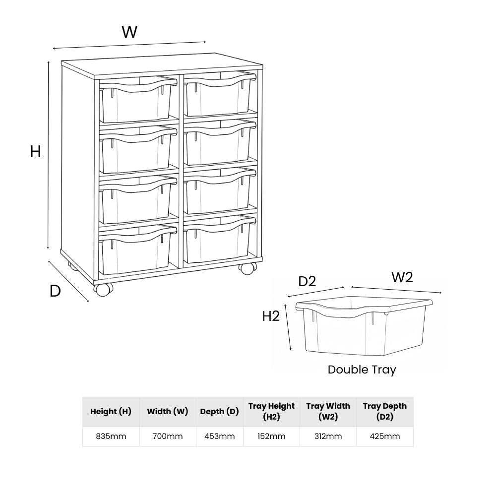 Line diagram showing dimensions of a double tray wooden storage unit with eight trays, including detailed height, width, depth, and individual tray size specifications.