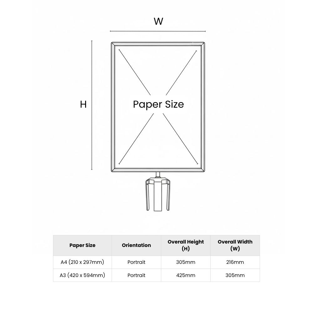 Technical diagram showing A4 and A3 portrait display frame dimensions with overall height and width for signage planning.