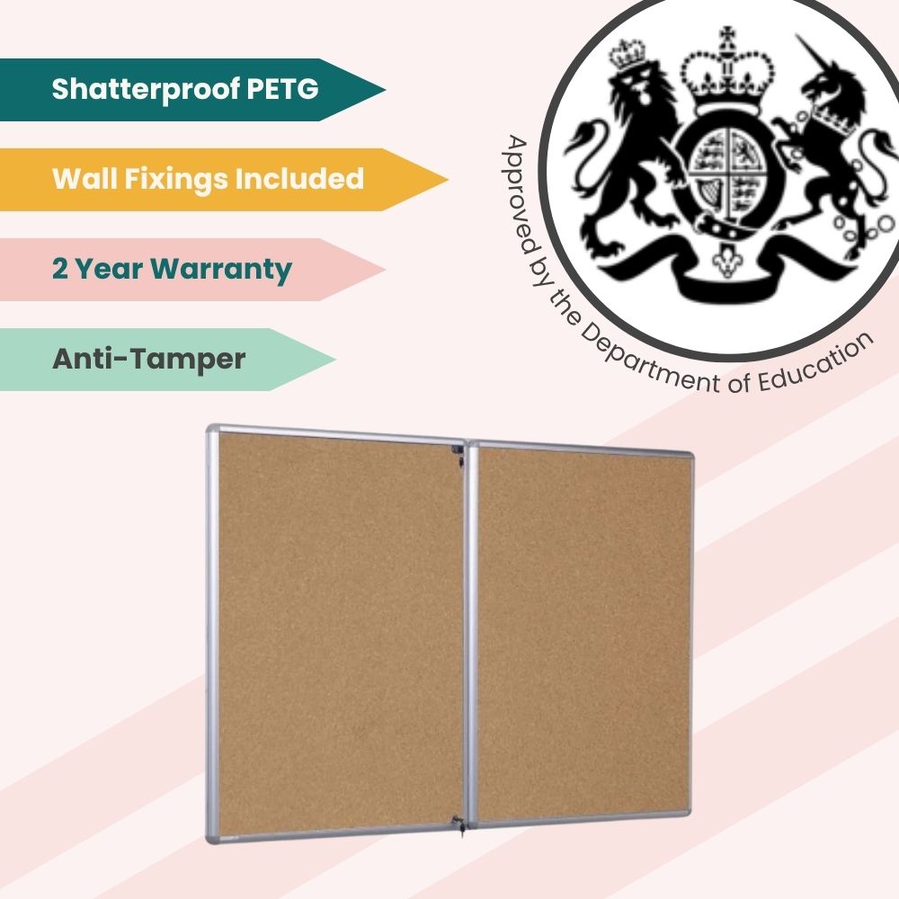 Double-door cork noticeboard with PETG cover and wall fixings, approved for educational use.