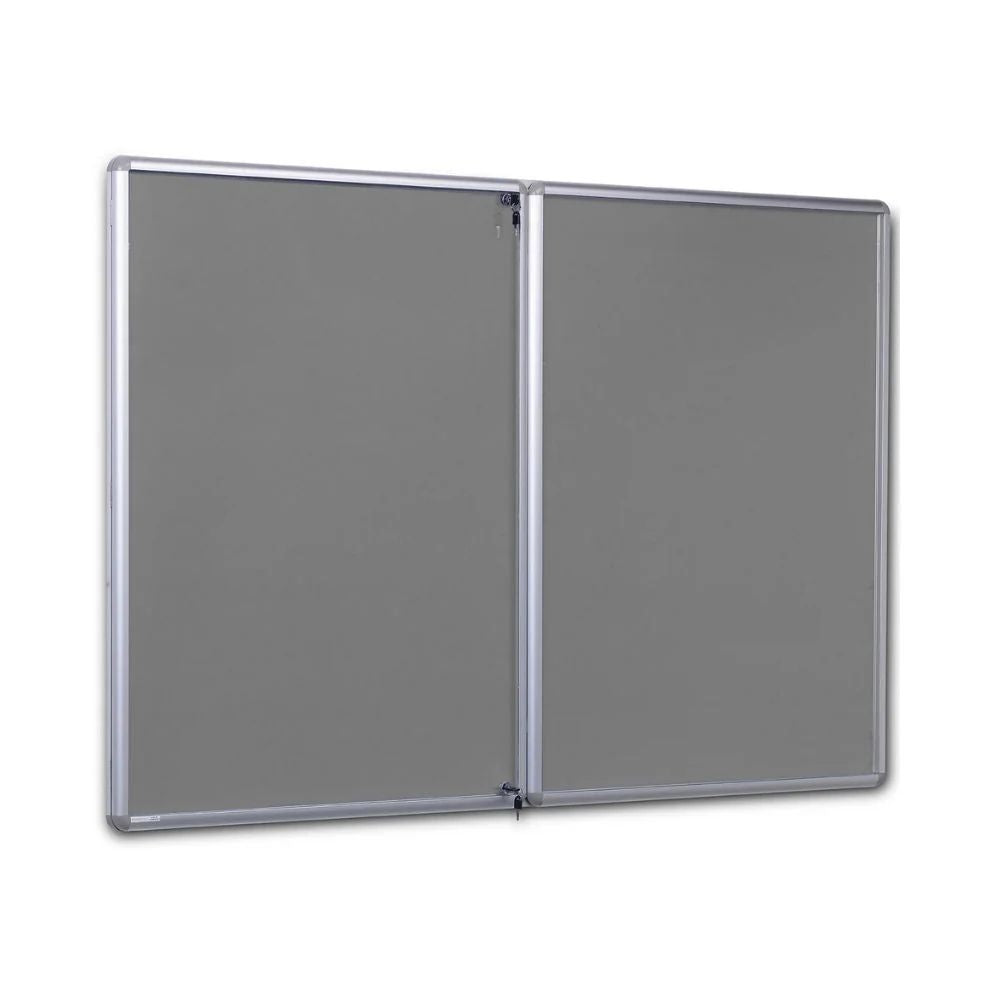 Lockable double-door display case with grey felt surface and metal frame, ideal for secure wall-mounted notices.