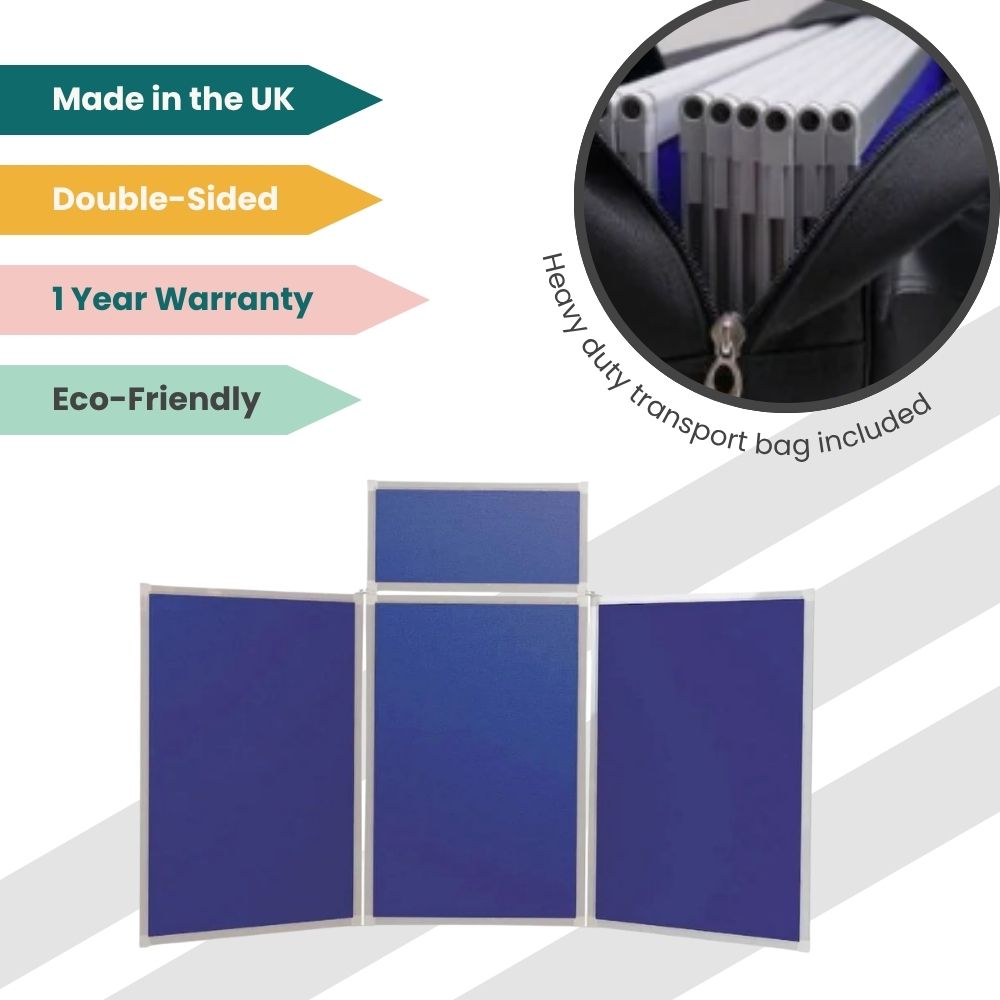 Portable blue display board with double-sided panels and carry bag, designed for eco-conscious UK exhibitions.