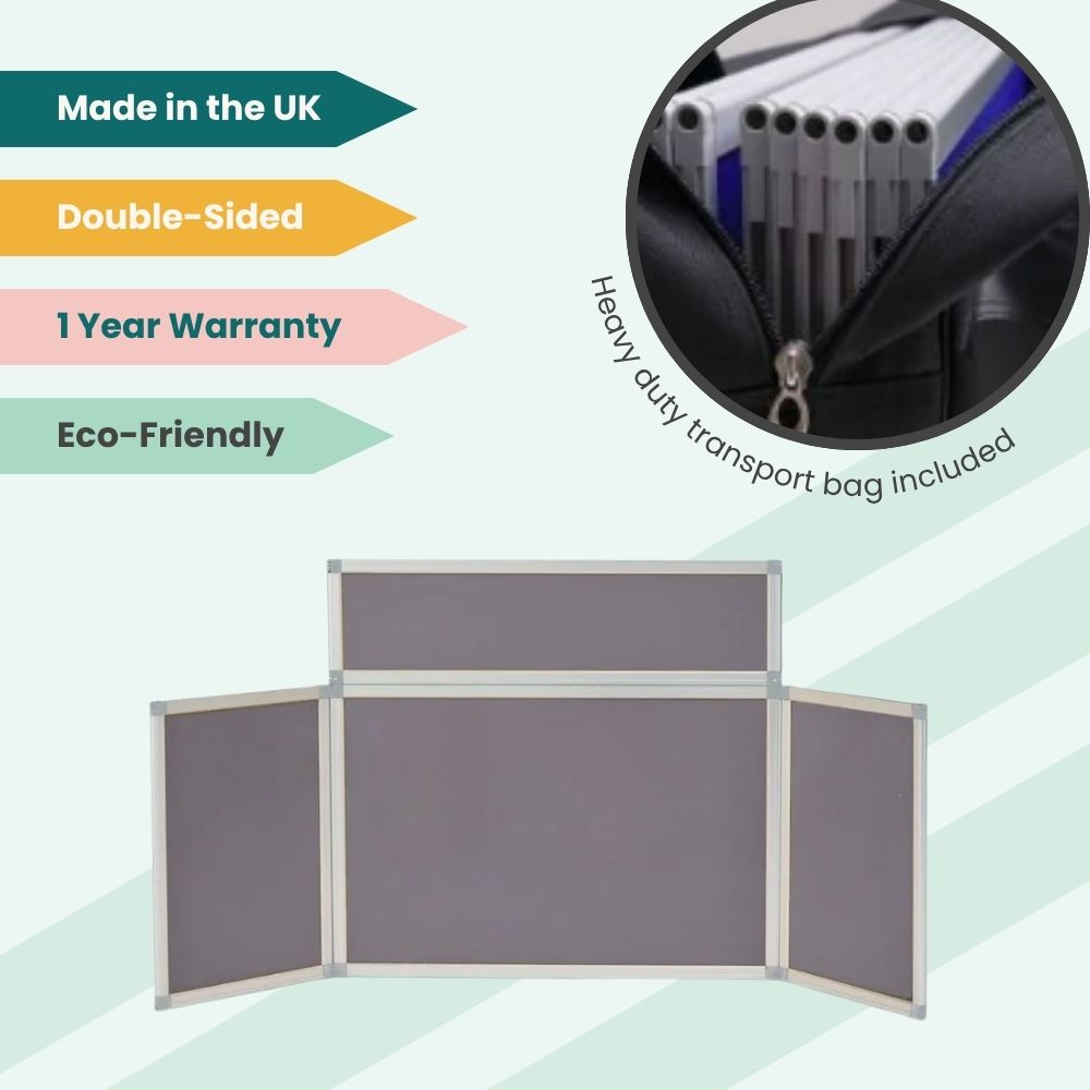 Portable blue display board with double-sided panels and carry bag, made in the UK with eco credentials.