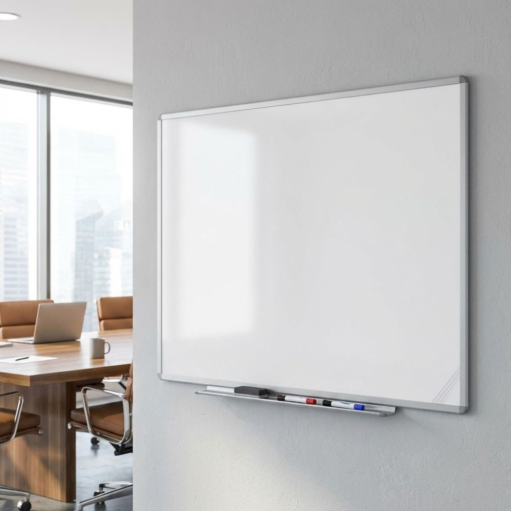 A 1500 x 1200mm double-sided whiteboard mounted on a grey office wall, featuring one plain side and one with a 25mm grid surface, positioned next to a modern boardroom with leather chairs and a wooden conference table.