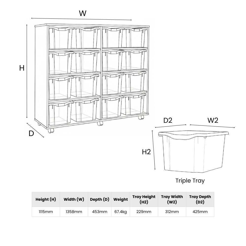 A technical illustration of a double-width wooden tray storage unit showing overall dimensions and detailed measurements for each tray, including height, width, depth, and total unit weight.